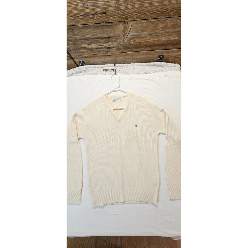 Christian Dior Monsieur Vintage V-Neck Sweater Cream Off White Acrylic Mens M